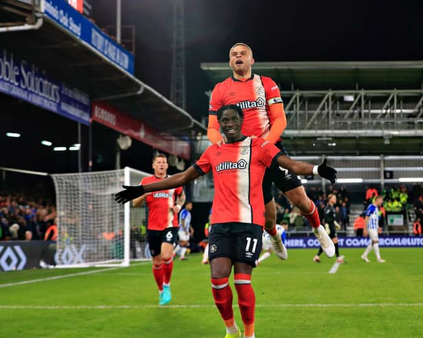 Luton striker Elijah Adebayo celebrates scoring against Brighton - pic: Liam Smith