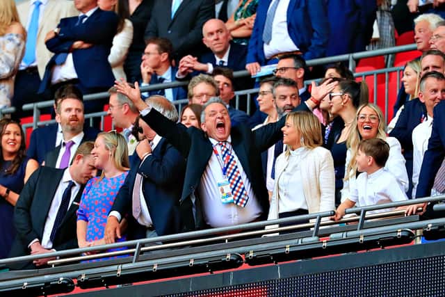 Hatters CEO Gary Sweet celebrates Luton's play-off final win at Wembley