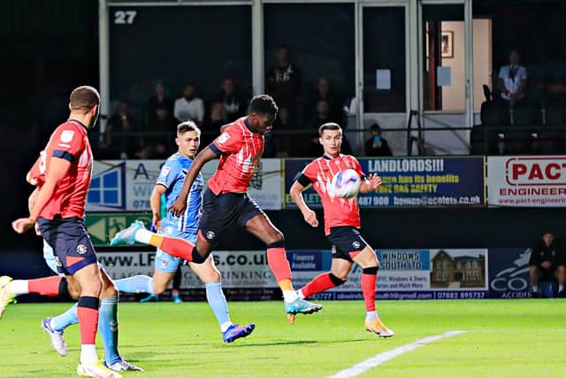 Elijah Adebayo side-footed this chance over the bar against Coventry - although the offside flag had been raised