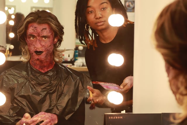 Media makeup & character design student Clarassa Edwards with Acting student Roger Jover Costa