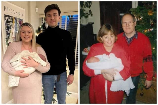 L: Katie Fuller and Harrison Forsythe with Baby Barney, December 29 2023 and R: Anne and David Fuller with Baby Katie, December 25 1993.