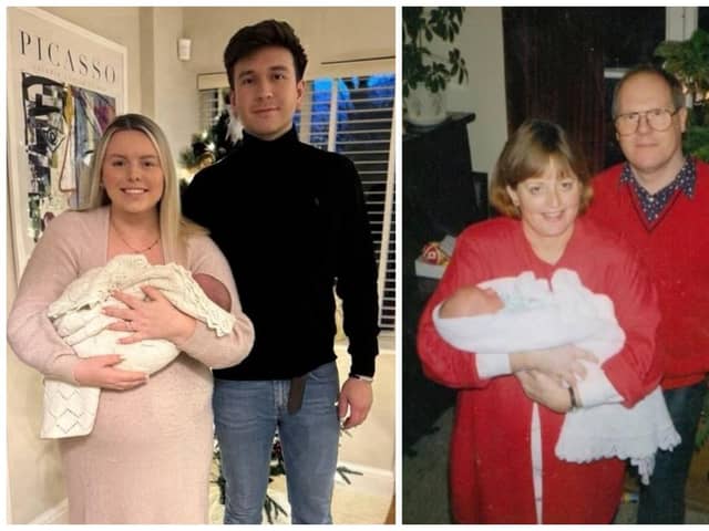 L: Katie Fuller and Harrison Forsythe with Baby Barney, December 29 2023 and R: Anne and David Fuller with Baby Katie, December 25 1993.