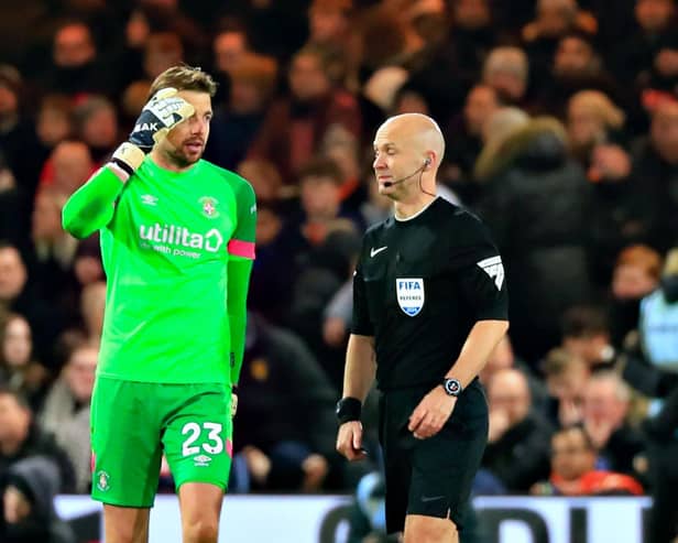Anthony Taylor in discussion with Luton keeper Tim Krul - pic: Liam Smith