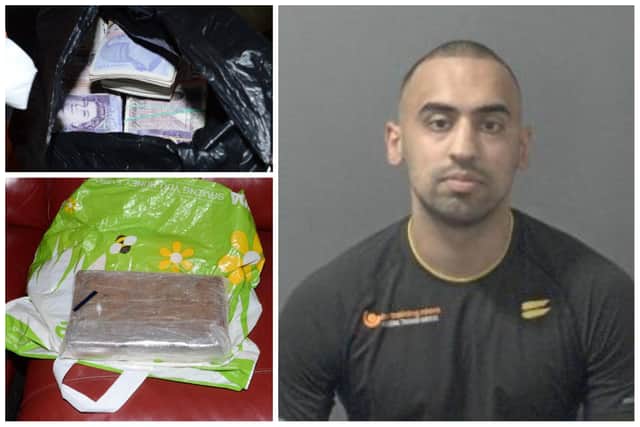 Left: cash and drugs seized during a police raid at Khan's house and right: Waqas Khan
