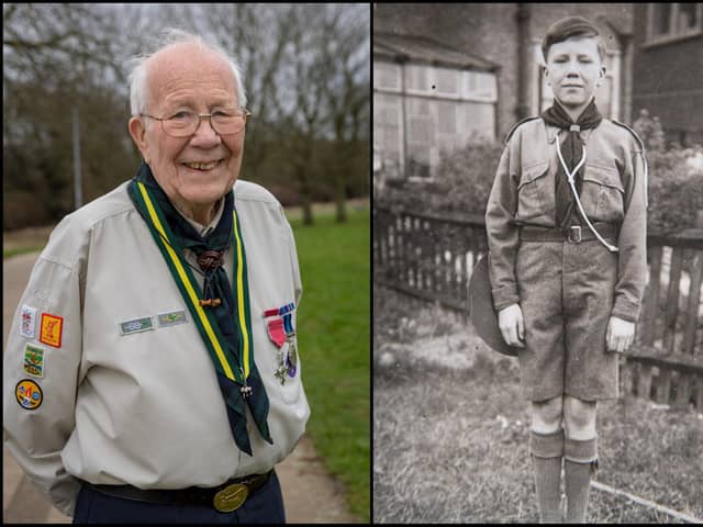 Ray at 85, and Ray when he first became a scout. Picture: Ray Aldous/SWNS