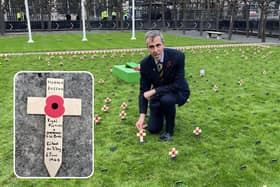 MP Andrew Selous in the Parliamentary Garden of Remembrance with the cross honouring Horace Rosson (inset)