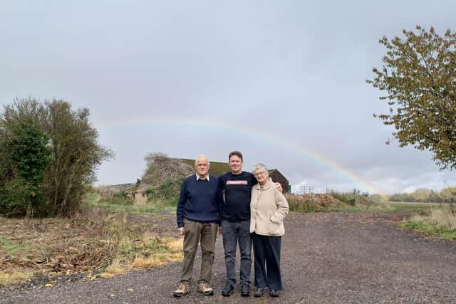 Eighty-four-year-old farmer Brian Cheadle, with son Mark, and wife Jill on their arable farm in Bedfordshire.