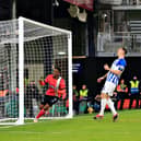 Chiedozie Ogbene puts Luton 2-0 up against Brighton on Tuesday night - pic: Liam Smith