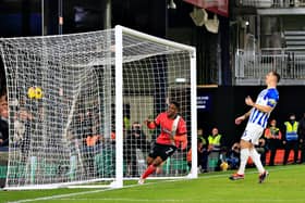 Chiedozie Ogbene puts Luton 2-0 up against Brighton on Tuesday night - pic: Liam Smith