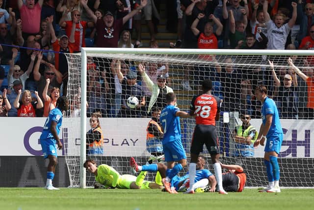 Mads Andersen heads Luton in front against Peterborough on Saturday - pic: Joe Dent/theposh.com