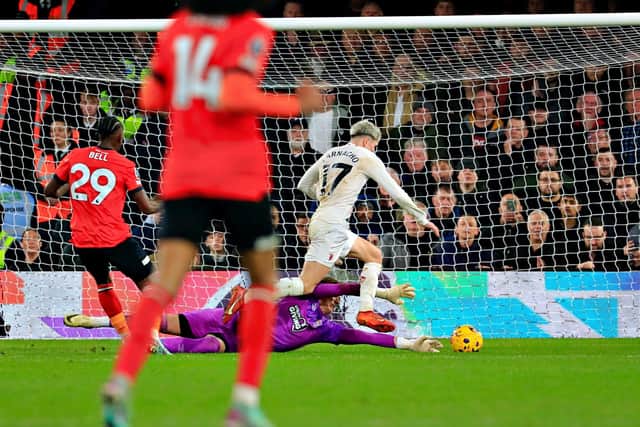Thomas Kaminski makes another crucial save from Alejandro Garnacho during Luton's 2-1 defat to Manchester United - pic: Liam Smith