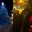 The mayor (far right) turned on the Christmas tree, left. Picture: Houghton Regis Town Council