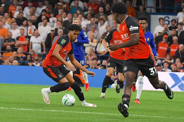Emilio Lawrence on the ball against Chelsea in the Carabao Cup - pic: Andy Fitzsimons