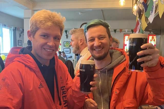 From left: Vladimir and Toli enjoying a Guinness on St Patrick’s Day