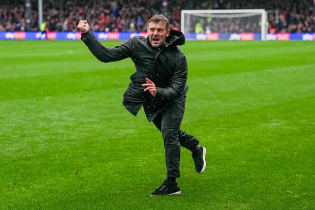 Hatters boss Jack Wilshere celebrates Callum Marshall's dramatic winner - pic: David Horn / PRiME Media Images