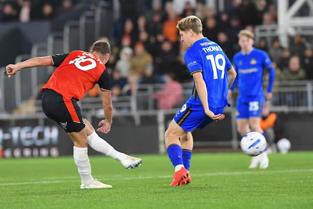 Jamie Donley fires home his second of the night against Doncaster - pic: Andy Fitzsimons