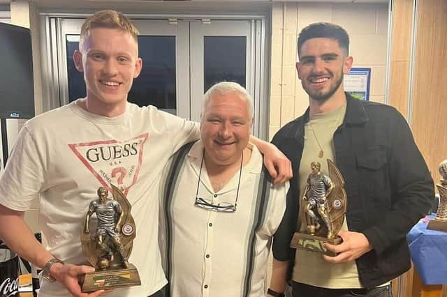 Joint Managers Player of the Year winners Liam McCrohan (left) and Kyle Faulkner (right) with club chair Andrew Madaras