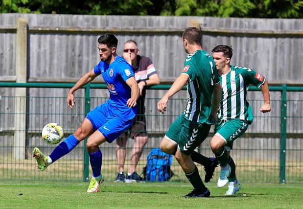 Kyle Faulkner in action for Dunstable Town against Great Wakering Rovers - pic: Cupcake 99 Photography