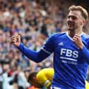 Kiernan Dewsbury-Hall celebrates scoring his first Premier League goal for Leicester City