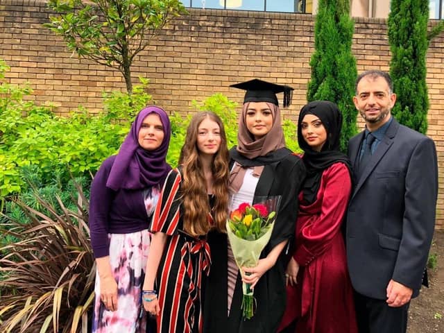 Amani with her family when she graduated - mum Yasmin, dad Khuram and sisters Maleehah and Ruqayyah