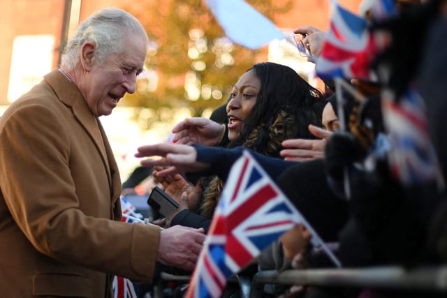 King Charles III greets members of the public) (Photo by DANIEL LEAL/POOL/AFP via Getty Images)