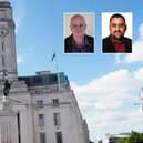Luton Town Hall and inset, cllrs Tom Shaw and Amjid Ali.