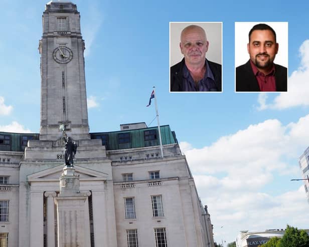 Luton Town Hall and inset, cllrs Tom Shaw and Amjid Ali.