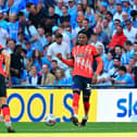 Town defender Gabe Osho with a pass during Luton's play-off final win over Coventry