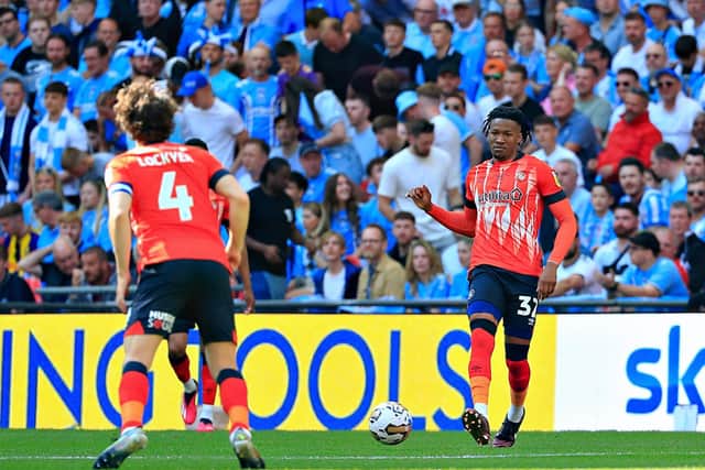 Town defender Gabe Osho with a pass during Luton's play-off final win over Coventry