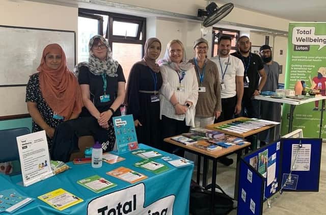 Organisers of the dementia wellbeing event from Alzheimer’s Society and Total Wellbeing Services at Bury Park Mosque, Luton, (from left to right) Nazma Miah, Clare Molyneaux, Jutsna Khan, Louise Buckingham, Jen Reid, Grant Savage, Imran Miah and Moulana Maqsood Ahmed.