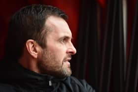 Nathan Jones, manager of Luton Town, looks on prior to the Sky Bet Championship match between Stoke City and Luton Town at Bet365 Stadium on February 20, 2021.
