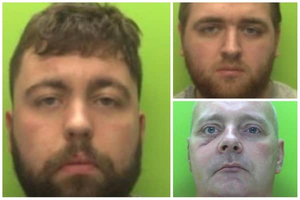L: Harry Cairns, aged 22, of Claydown Way, Luton, admitted arson with recklessness and was jailed for two years; Top R: Andrew McConnell, aged 22, of Bridge Street, Belper, was jailed for two years after admitting arson with recklessness;  Bottom R:  Matthew Pallett was jailed for six years.