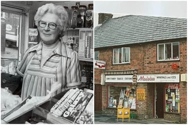 John's mum, Maisie, seen behind the counter (left), the outside of the Post Office and shop. Picture: John Hanna