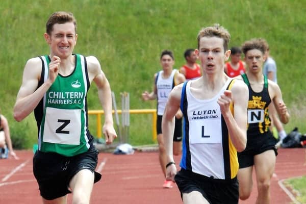 Luton AC's Jed Noblett was victorious in the men's A 800m in a time of 1.58.9mins - pic: Alan Daglish