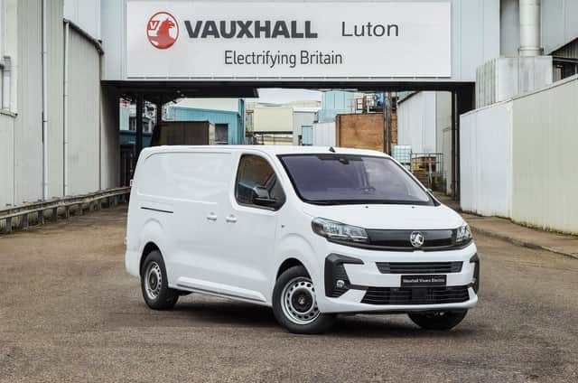 Vauxhall electric van outside the Luton factory. Picture: Stellantis