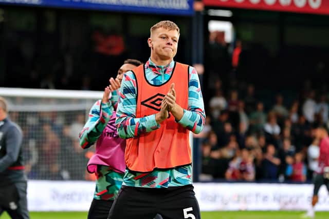 Town defender Mads Andersen warms up ahead of Luton's 2-1 defeat to West Ham on Friday night - pic: Liam Smith