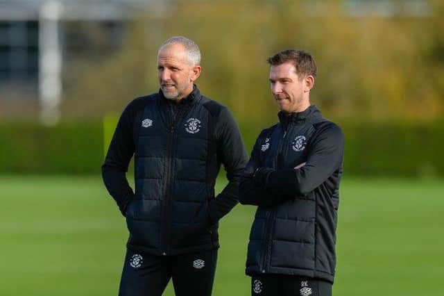 Town's new assistant managers Paul Trollope and Richie Kyle at Luton's first training session back this morning