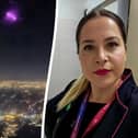 L: The UFO that Denisa spotted in the air on a flight from Luton airport to Port Lotniczy Olsztyn Mazury in Szymany, Poland and R: Denisa Tanase. Pictures: Denisa Tanase / SWNS