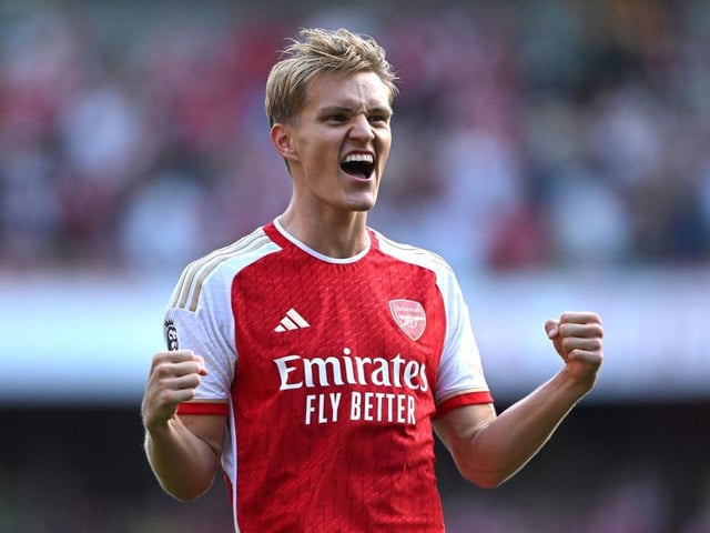 GK: Aaron Ramsdale, David Raya, James Hilson. DEF: William Saliba, Cedric Soares, Jurrien Timber, Takehiro Tomiyasu, Ben White, Oleksandr Zinchenko, Jakub Kiwior, Gabriel Magalhaes. MID: Mohamed Elneny, Kai Havertz, Jorginho, Martin Odegaard (pictured), Thomas Partey, Fabio Vieira, Emile Smith Rowe, Declan Rice. FWD: Gabriel Martinelli, Reiss Nelson, Eddie Nketiah, Gabriel Jesus, Leandro Trossard, Bukayo Saka.