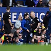 Anthony Taylor books Nottingham Forest assistant manager Rui Pedro Silva during the Reds' 2-0 defeat against Everton yesterday - pic: Gareth Copley/Getty Images