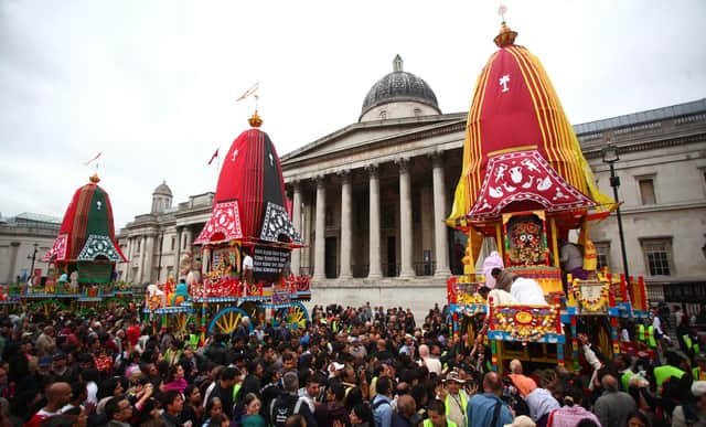 Rathayatra procession in Trafalgar Square. Photo by Jordan Mansfield/Getty Images