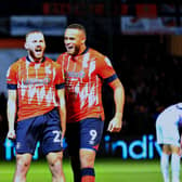 Allan Campbell celebrates opening the scoring for Luton this evening