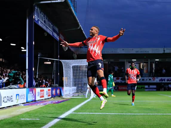 Carlton Morris celebrates scoring against Sheffield United recently