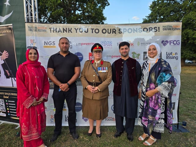 From left to right: Lobia Begum, Deputy Lieutenant Colonel Leona Barr-Jones, former High Sheriff Bav Shah, Hannan Ali DL, and Salma Khan from Luton Foodbank.