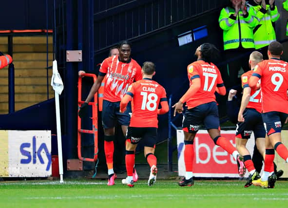 Elijah Adebayo celebrates scoring against West Bromwich Albion on Saturday