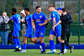 Dunstable Town celebrate a goal against Harpenden - pic: Liam Smith
