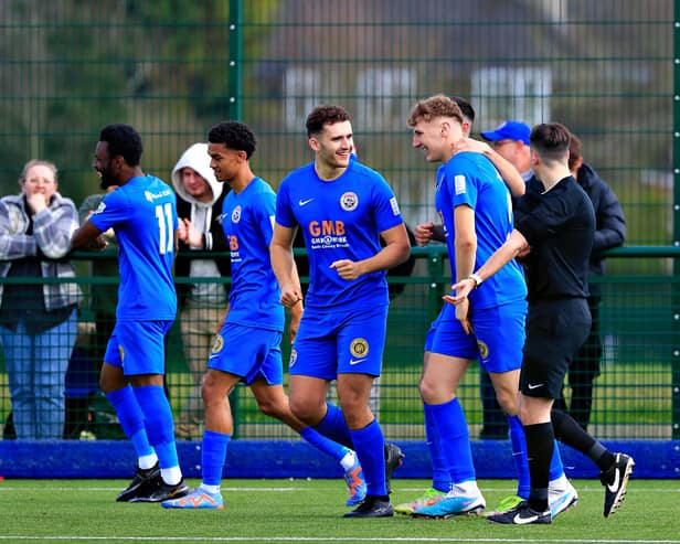 Dunstable Town celebrate a goal against Harpenden - pic: Liam Smith