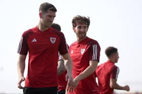 Tom Lockyer trains with the Welsh squad out in Qatar