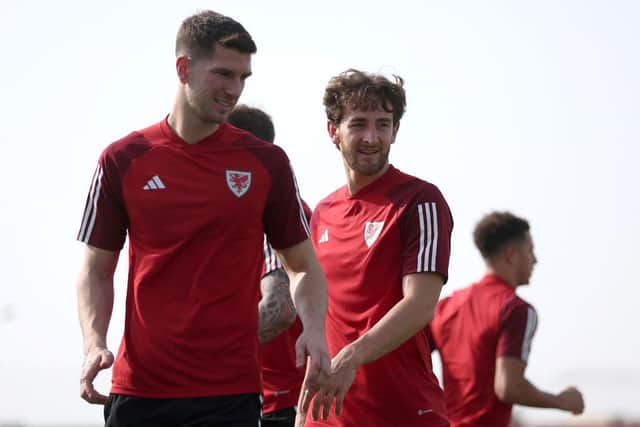 Tom Lockyer trains with the Welsh squad out in Qatar