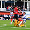 QPR defender Jimmy Dunne makes it 2-0 to Luton with this own goal at Kenilworth Road
